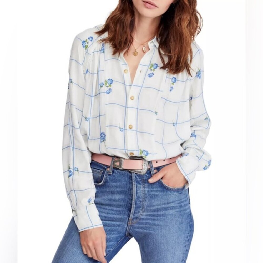 NWT FREE PEOPLE Window To My Heart Lattice Floral Button Down Top Shirt SMALL /P